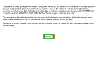 Has recibido el poder que te permite meditar Namgyälma. Ya sea que ella se convierta en tu práctica principal de yidam
o no, en cualquier caso, debes recitar el mantra al menos 7 veces al día. Habiendo recibido el empoderamiento,
prometes hacer lo que ella dice. Necesitas una vida larga y no necesitas obstáculos, así que dices, OM DRUM SVAHA,
"¡Hola Namgyälma!" OM AMRITA AYUR DADE SVAHA, "Por favor, dame néctar de larga vida".

Para agradecer a Namgyälma por haber recibido su poder, le ofreces un mandala. Luego dedicas el mérito de haber
recibido el empoderamiento para el bienestar de todos los seres y recitas orando por ellos.

Repitamos "Karmapa khyenno" para ayudar a eliminar cualquier obstáculo que impida a Su Santidad Gyalwa Karmapa
venir a Europa.

 