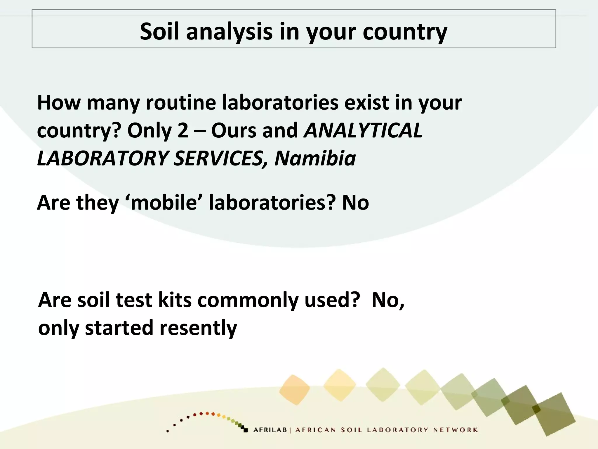 Soil analysis in your country
How many routine laboratories exist in your
country? Only 2 – Ours and ANALYTICAL
LABORATORY SERVICES, Namibia
Are they ‘mobile’ laboratories? No
Are soil test kits commonly used? No,
only started resently