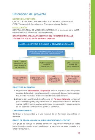CENtRO DE INFORMACIÓN tERAPÉUtICA y FARMACOVIgILANCIA. NAMIBIA
Descripcion del proyecto
NOMBRE DEL PROYECTO:
CENtRO DE INFORMACION tERAPÉUtICA y FARMACOVIgILANCIA.
(tIPC: therapeutic Information and Pharmacovigilance Center)
LOCALIZACIÓN:
HOSPItAL CENtRAL DE WINDHOEK. NAMIBIA. El proyecto es parte del Mi-
nisterio de Salud y Servicios Sociales (MoHSS).
ORGANIGRAMA ÁREA FARMACÉUTICA DEL MINISTERIO DE SALUD
Y SERVICIOS SOCIALES DE NAMIBIA. (MoHSS)


      MoHSS: MINISTERIO DE SALUD Y SERVICIOS SOCIALES


                   DIVISIÓN: PHARMACEUtICAL SERVICES
                      División de servicios farmacéuticos



 NMPC: Control
 de Políticas de               PC&I: Inspección                CMS: Almacen
 Medicamentos                     y control                     central de
  de Namibia                    farmacéutico                   Medicamentos




                                              QSL:            tIPC: Centro de
REgIStRAtION:       INSPECtORAtE:          Laboratorio          Informción
   Registro            Inspección         de Control de        terapeutica y
                                             Calidad         Farmacovigilancia


OBjETIVOS del CENTRO:
 1. Proporcionar Información Terapéutica fiable e imparcial para los profe-
    sionales de la salud y para la población en general, de una manera proac-
    tiva o como respuesta a las consultas terapéuticas recibidas.
 2. Llegar a ser una Unidad de referencia en Farmacovigilancia en todo el
    país, con la recogida y seguimiento de las Reacciones Adversas a los Fár-
    macos. (ADRs), como una herramienta de comunicación y asesoramiento
    en los posibles cambios de las políticas sanitarias.

La finalidad última es:
Contribuir a la seguridad y el uso racional de los fármacos disponibles en
Namibia.

GRUPO DE TRABAjO PARA LA IMPLEMENTACION DEL CENTRO
Este grupo de trabajo fue creado para hacer seguimiento mensual de todas
las actividades relacionadas con el centro, y para tener un lugar para discutir
retos y dificultades.

                                                                            13
 