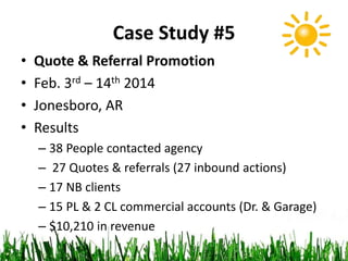 Case Study #5
• Quote & Referral Promotion
• Feb. 3rd – 14th 2014
• Jonesboro, AR
• Results
– 38 People contacted agency
– 27 Quotes & referrals (27 inbound actions)
– 17 NB clients
– 15 PL & 2 CL commercial accounts (Dr. & Garage)
– $10,210 in revenue
 