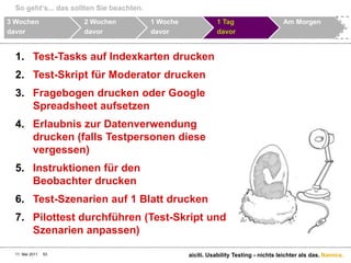 BackupszenarioAchtung beim Test auf Entwicklungs-Umgebungen:„Freeze“ für den Test-Tag verlangenWenn möglich, Alternativen vorbereitenRedundanter ServerHTML-AbbildScreenshotsSo geht‘s... das sollten Sie beachten.11. Mai 2011aiciti. Usability Testing - nichts leichter als das.523 Wochendavor2 Wochen davor1 Wochedavor1 TagdavorAm Morgen