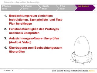 So geht‘s... das sollten Sie beachten.3 Wochendavor2 Wochen davor1 Wochedavor1 TagdavorAm Morgen	Schliessen sämtlicher unüblicher Software auf dem Test-Rechner (Instant Messenger, E-Mail & Kalender Alarme, etc.)	Lesezeichen mit der URL des Prototypen setzen	Herausschreiben der Telefonnummer des internen technischen Firmensupports11. Mai 2011aiciti. Usability Testing - nichts leichter als das.55