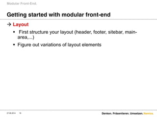 Namics.
Getting started with modular front-end
Modular Front-End.
27.06.2014 19 Denken. Präsentieren. Umsetzen.
 Layout
 First structure your layout (header, footer, sitebar, main-
area,...)
 Figure out variations of layout elements
 