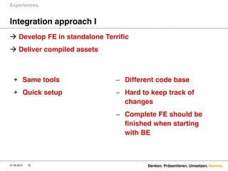 Namics.
Integration approach I
 Develop FE in standalone Terrific
 Deliver compiled assets
Experiences.
27.06.2014 Denken. Präsentieren. Umsetzen.33
+ Same tools
+ Quick setup
 Different code base
 Hard to keep track of
changes
 Complete FE should be
finished when starting
with BE
 
