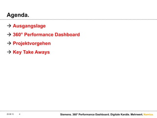 Namics.
Agenda.
à  Ausgangslage
à  360° Performance Dashboard
à  Projektvorgehen
à  Key Take Aways
20.08.13 Siemens. 360° Performance Dashboard. Digitale Kanäle. Mehrwert.4
 