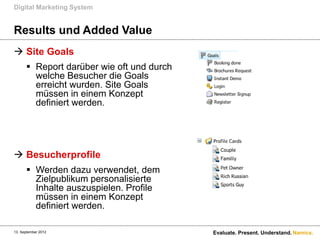 Digital Marketing System


Results und Added Value
 Site Goals
       Report darüber wie oft und durch
        welche Besucher die Goals
        erreicht wurden. Site Goals
        müssen in einem Konzept
        definiert werden.




 Besucherprofile
       Werden dazu verwendet, dem
        Zielpublikum personalisierte
        Inhalte auszuspielen. Profile
        müssen in einem Konzept
        definiert werden.

13. September 2012                         Evaluate. Present. Understand. Namics.
 