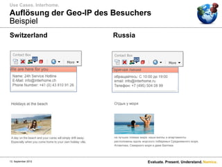 Use Cases. Interhome.
Auflösung der Geo-IP des Besuchers
Beispiel
Switzerland             Russia




13. September 2012               Evaluate. Present. Understand. Namics.
 
