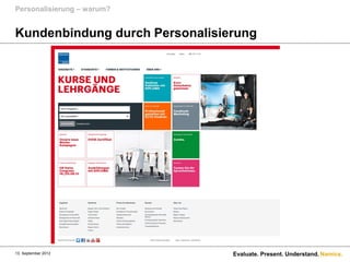 Personalisierung – warum?


Kundenbindung durch Personalisierung




13. September 2012              Evaluate. Present. Understand. Namics.
 