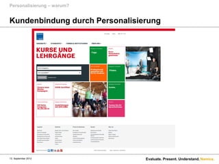 Personalisierung – warum?


Kundenbindung durch Personalisierung


                            Yoga.




                                    Pilates.




13. September 2012                             Evaluate. Present. Understand. Namics.
 