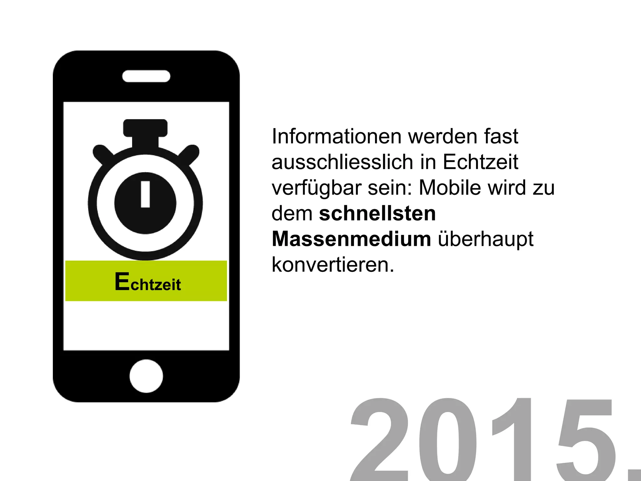 Informationen werden fast
           ausschliesslich in Echtzeit
           verfügbar sein: Mobile wird zu
           dem schnellsten
           Massenmedium überhaupt
           konvertieren.
Echtzeit
 