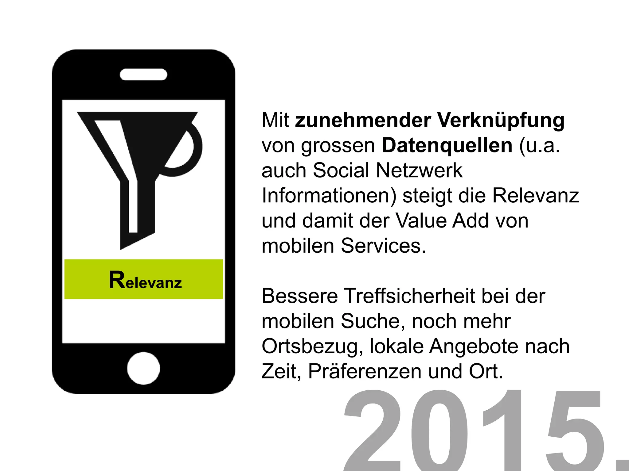 Mit zunehmender Verknüpfung
           von grossen Datenquellen (u.a.
           auch Social Netzwerk
           Informationen) steigt die Relevanz
           und damit der Value Add von
           mobilen Services.
Relevanz
           Bessere Treffsicherheit bei der
           mobilen Suche, noch mehr
           Ortsbezug, lokale Angebote nach
           Zeit, Präferenzen und Ort.
 