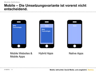 Mobile Definiton.
Mobile – Die Umsetzungsvariante ist vorerst nicht
entscheidend.



                  Web                  Nativ                                Nativ
                  Technologie
                                   Web
                                   Technologie




             Mobile Websites &   Hybrid Apps                           Native Apps
             Mobile Apps



31.08.2012    6                                Mobile. befruchtet. Social Media. und umgekehrt. Namics.
 