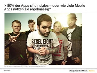 Namics.
> 80% der Apps sind nutzlos – oder wie viele Mobile
Apps nutzen sie regelmässig?
(Fast) alles über Mobile.
Bild http://www.tinnitusattacks.com/2011/10/deine-band-soll-die-eastpak-antidote.html
August 2013.
 