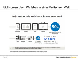 Namics.
Mulitscreen User: Wir leben in einer Multiscreen Welt.
(Fast) alles über Mobile.
http://www.google.com/think/research-studies/the-new-multi-screen-world-study.html
August 2013.
 