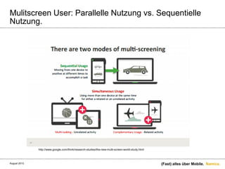 Namics.
Mulitscreen User: Parallelle Nutzung vs. Sequentielle
Nutzung.
(Fast) alles über Mobile.
http://www.google.com/think/research-studies/the-new-multi-screen-world-study.html
August 2013.
 