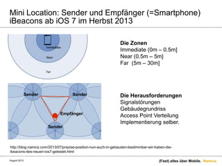 Namics.
Mini Location: Sender und Empfänger (=Smartphone)
iBeacons ab iOS 7 im Herbst 2013
(Fast) alles über Mobile.
Die Zonen
Immediate (0m – 0.5m]
Near (0.5m – 5m]
Far (5m – 30m]
Die Herausforderungen
Signalstörungen
Gebäudegrundriss
Access Point Verteilung
Implementierung selber.
SenderSender
Sender
Empfänger
http://blog.namics.com/2013/07/prazise-position-nun-auch-in-gebauden-bestimmbar-wir-haben-die-
ibeacons-des-neuen-ios7-getestet.html
August 2013.
 