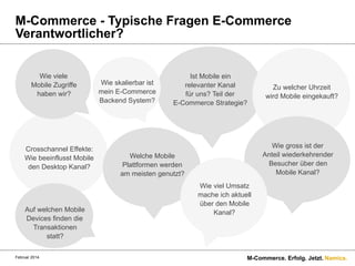 M-Commerce - Typische Fragen E-Commerce
Verantwortlicher?
Wie viele
Mobile Zugriffe
haben wir?

Crosschannel Effekte:
Wie beeinflusst Mobile
den Desktop Kanal?

Auf welchen Mobile
Devices finden die
Transaktionen
statt?
Februar 2014.

Wie skalierbar ist
mein E-Commerce
Backend System?

Ist Mobile ein
relevanter Kanal
für uns? Teil der
E-Commerce Strategie?

Zu welcher Uhrzeit
wird Mobile eingekauft?

Wie gross ist der
Anteil wiederkehrender
Besucher über den
Mobile Kanal?

Welche Mobile
Plattformen werden
am meisten genutzt?
Wie viel Umsatz
mache ich aktuell
über den Mobile
Kanal?

M-Commerce. Erfolg. Jetzt. Namics.

 