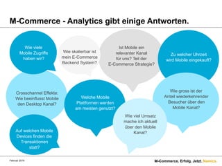 M-Commerce - Analytics gibt einige Antworten.
Wie viele
Mobile Zugriffe
haben wir?

Crosschannel Effekte:
Wie beeinflusst Mobile
den Desktop Kanal?

Auf welchen Mobile
Devices finden die
Transaktionen
statt?
Februar 2014.

Wie skalierbar ist
mein E-Commerce
Backend System?

Ist Mobile ein
relevanter Kanal
für uns? Teil der
E-Commerce Strategie?

Zu welcher Uhrzeit
wird Mobile eingekauft?

Wie gross ist der
Anteil wiederkehrender
Besucher über den
Mobile Kanal?

Welche Mobile
Plattformen werden
am meisten genutzt?
Wie viel Umsatz
mache ich aktuell
über den Mobile
Kanal?

M-Commerce. Erfolg. Jetzt. Namics.

 