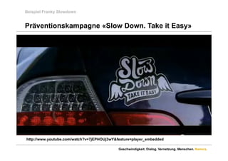 Beispiel Franky Slowdown


Präventionskampagne «Slow Down. Take it Easy»
                          Down




http://www.youtube.com/watch?v=7jEPHOUj3wY&feature=player_embedded

                                            Geschwindigkeit. Dialog. Vernetzung. Menschen. Namics.
 