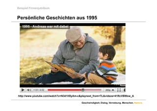 Beispiel Firmenjubiläum


Persönliche Geschichten aus 1995
                    <object width="640" height="385"><param
                    name="movie"
                           "     i "
                    value="http://www.youtube.com/v/N3d1H0y
                    Am-
                    c&hl=en_US&fs=1& ></param><param
                    c&hl=en US&fs=1&"></param><param
                    name="allowFullScreen"
                    value="true"></param><param
                    name= allowscriptaccess
                    name="allowscriptaccess"
                    value="always"></param><embed
                    src="http://www.youtube.com/v/N3d1H0yA
                    m c&hl en_US&fs 1&
                    m-c&hl=en US&fs=1&"
                    type="application/x-shockwave-flash"
                    allowscriptaccess="always"
                    allowfullscreen="true" width="640"
                    height="385"></embed></object>


http://www.youtube.com/watch?v=N3d1H0yAm-c&playnext_from=TL&videos=41RcVBWsw_A

                                          Geschwindigkeit. Dialog. Vernetzung. Menschen. Namics.
 