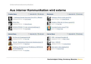 Unternehmenskommunikation


Aus interner Kommunikation wird externe
 Post (früher prozess) MM, blogs (netzwerk. pflegen)
  medien




                                Geschwindigkeit. Dialog. Vernetzung. Menschen. Namics.
 