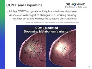 o Higher COMT enzymatic activity leads to lower dopamine
o Associated with cognitive changes - i.e. working memory
  • Has been associated with negative symptoms of schizophrenia
                 Source: J Clin Pysch 69:1006-1011 (2008); Bipolar Dis 9:370-376 (2007); Schiz Res 95:253-255 (2007)




                                                                                                                       11
 