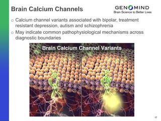 o Calcium channel variants associated with bipolar, treatment
  resistant depression, autism and schizophrenia
o May indicate common pathophysiological mechanisms across
  diagnostic boundaries




                                                                17
 
