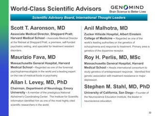 Scientific Advisory Board, International Thought Leaders


Scott T. Aaronson, MD                                           Anil Malhotra, MD
Associate Medical Director, Sheppard Pratt;                     Zucker Hillside Hospital, Albert Einstein
Harvard Medical School - Associate Medical Director             College of Medicine – Regarded as one of the
at the Retreat at Sheppard Pratt, a premiere, self-funded       world’s leading authorities on the genetics of
psychiatric setting, and specialist for treatment resistant     schizophrenia and response to treatment. Primary area is
disorders.                                                      genetics of the dopamine receptor.

Maurizio Fava, MD                                               Roy H. Perlis, MD, MSc
Massachusetts General Hospital, Harvard                         Massachusetts General Hospital, Harvard
Medical School - Regarded as one of the foremost                Medical School - Heads international consortium to
psychopharmacologists in the world and a leading expert         study genetics of antidepressant response. Identified first
on the role of medical foods in psychiatry.                     genetic association with treatment resistance in major
                                                                depression.
Allan I. Levey, MD, PhD
Chairman, Department of Neurology, Emory                        Stephen M. Stahl, MD, PhD
University - A member of the prestigious National               University of California, San Diego - Founder of
Alzheimer's Coordinating Center. The Institute for Scientific   the Neuroscience Education Institute, the leader in
Information identified him as one of the most highly cited      neuroscience education.
scientific researchers in the world.

                                                                                                                          22
 