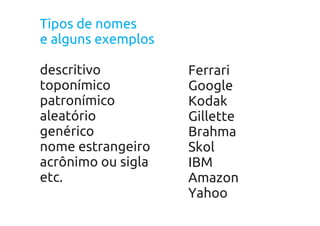 Tipos de nomes
e alguns exemplos

descritivo          Ferrari
toponímico          Google
patronímico         Kodak
aleatório           Gillette
genérico            Brahma
nome estrangeiro    Skol
acrônimo ou sigla   IBM
etc.                Amazon
                    Yahoo
 