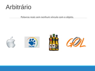 Arbitrário
Palavras reais sem nenhum vínculo com o objeto.
 