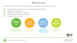 •
•
•
•
•
A.STUDIO начало
свою деятельность
Реализовали
за 5 лет
Продолжают
сотрудничать после
первого проекта
География наших
клиентов
 