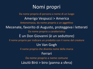 Nomi propri
Da nome proprio di persona a nome di un luogo
Amerigo Vespucci > America
Antonomasia, da nome proprio a un aggettivo
Mecenate, favorito di Augusto, proteggeva i letterati
Da nome proprio a caratteristica
È un Don Giovanni (è un seduttore)
Il nome proprio per indicare un prodotto con il nome del creatore
Un Van Gogh
Il nome proprio che diventa nome della marca
Ferrari
Da nome proprio a nome comune
László Bíró > biro (panna a sfera)
 