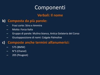 Componenti
Verbali: Il nome
b) Composta da più parole:
– Frasi corte: Stira e Ammira
– Motto: Forza Italia
– Gruppo di parole: Mulino bianco, Antica Gelateria del Corso
– Giustapposizione di nomi: Colgate Palmolive
c) Composte anche termini alfanumerici:
– 575 (BMW)
– N°5 (Chanel)
– 205 (Peugeot)
 