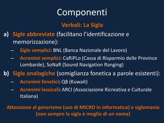 Componenti
Verbali: La Sigla
a) Sigle abbreviate (facilitano l’identificazione e
memorizzazione):
– Sigle semplici: BNL (Banca Nazionale del Lavoro)
– Acronimi semplici: CaRiPLo (Cassa di Risparmio delle Province
Lombarde), SoNaR (Sound Navigation Ranging)
b) Sigle analogiche (somiglianza fonetica a parole esistenti):
– Acronimi fonetici: Q8 (Kuwait)
– Acronimi lessicali: ARCI (Associazione Ricreativa e Culturale
Italiana)
Attenzione al generismo (uso di MICRO in informatica) e siglomania
(non sempre la sigla è meglio di un nome)
 