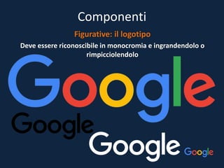 Componenti
Figurative: il logotipo
Deve essere riconoscibile in monocromia e ingrandendolo o
rimpicciolendolo
 