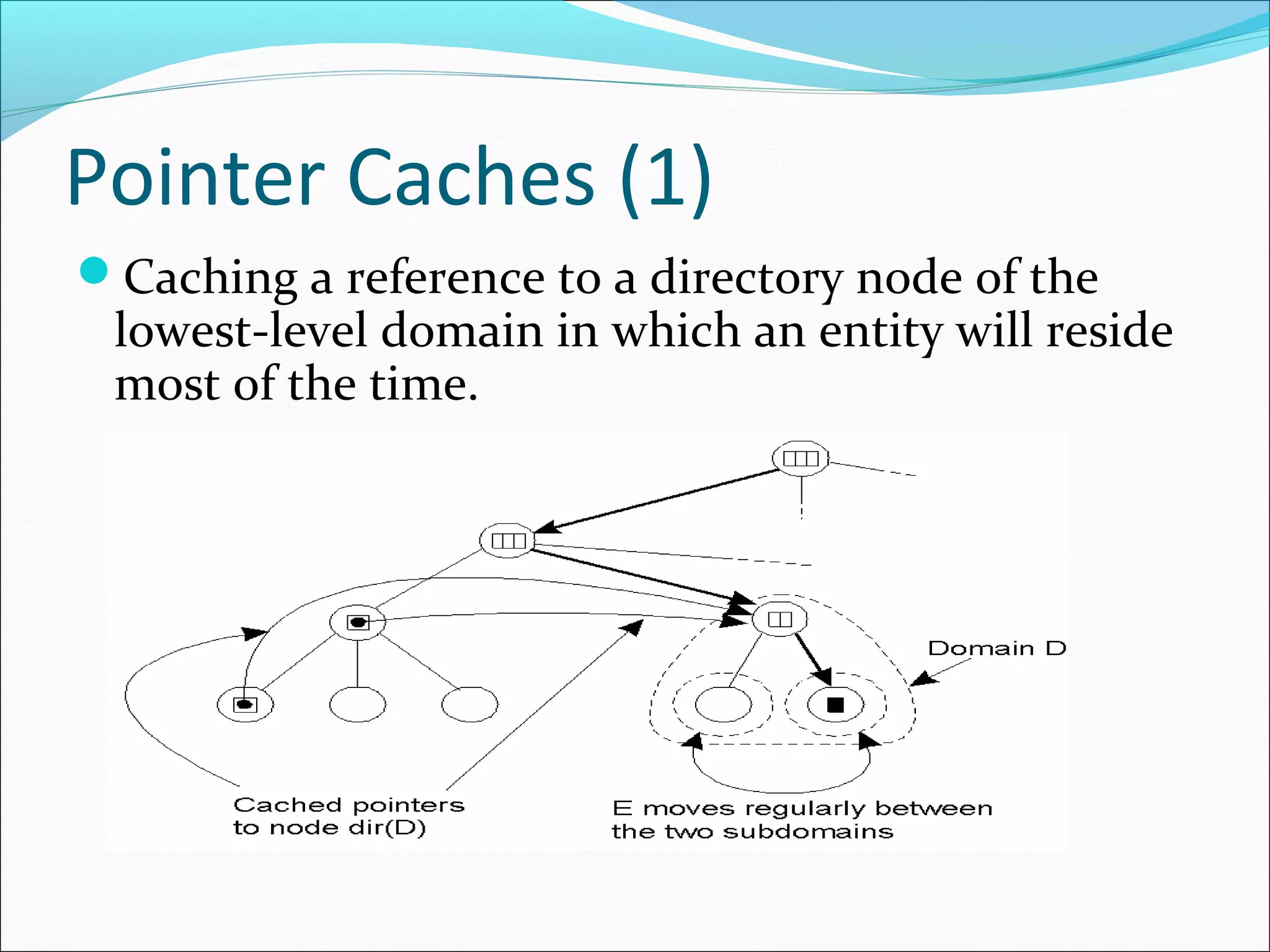 Pointer Caches (1)
Caching a reference to a directory node of the
lowest-level domain in which an entity will reside
most of the time.
 