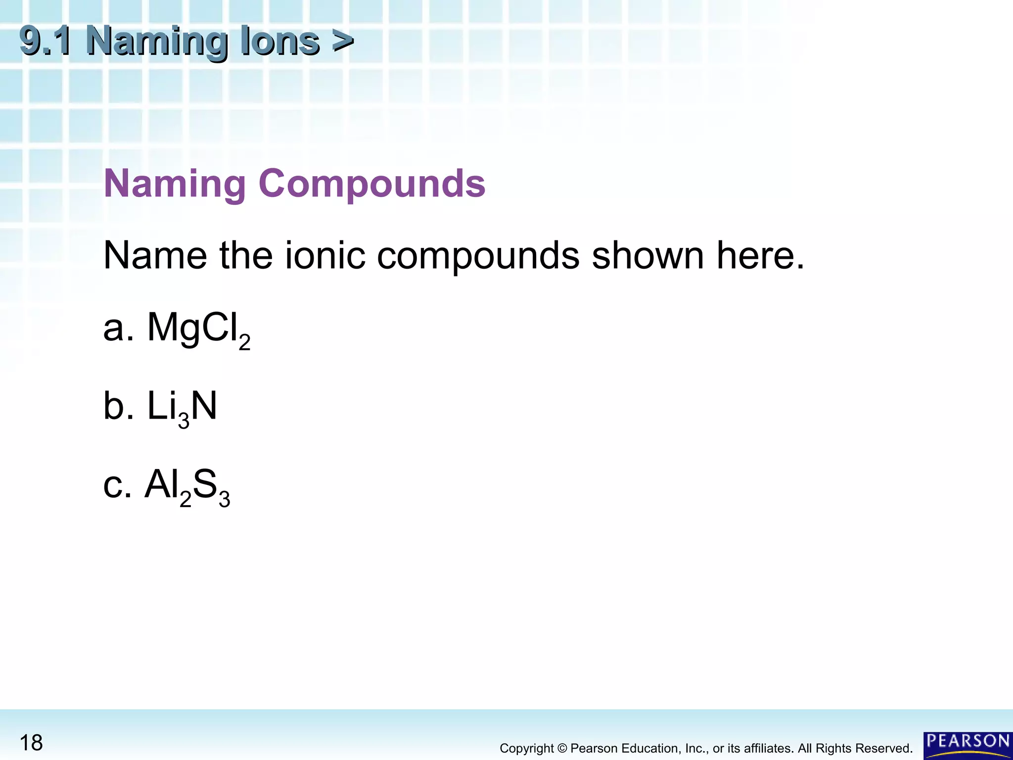 9.1 Naming Ions >
Naming Compounds
Name the ionic compounds shown here.
a. MgCl2
b. Li3N
c. Al2S3

18

Copyright © Pearson Education, Inc., or its affiliates. All Rights Reserved.

 
