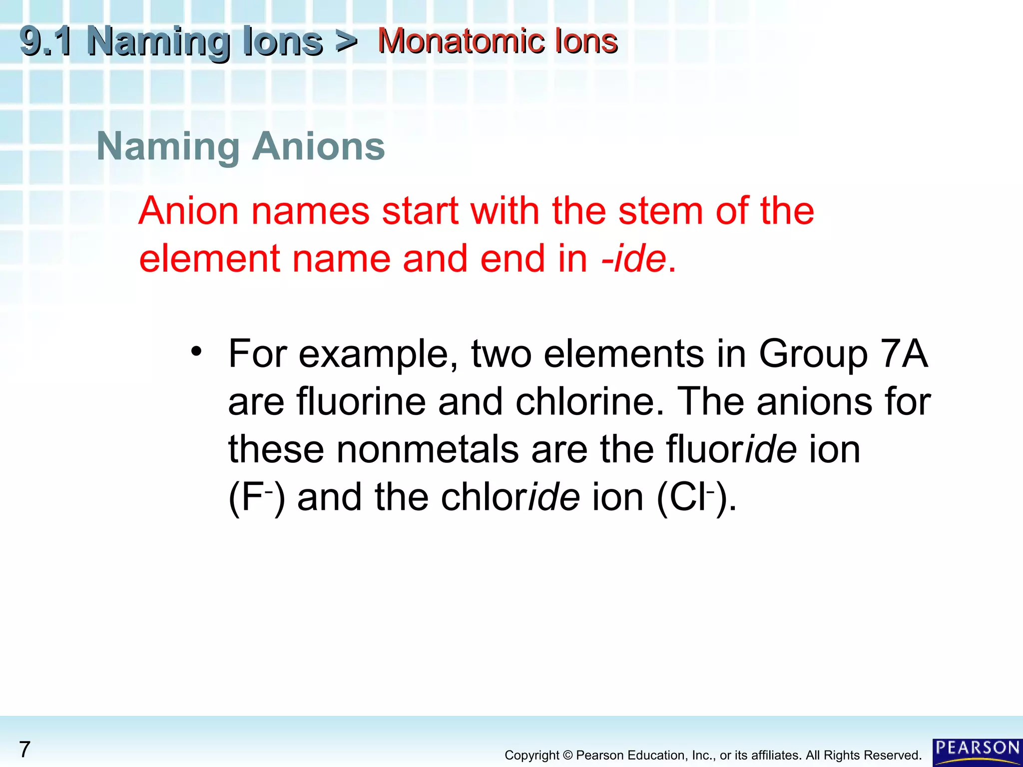 9.1 Naming Ions > Monatomic Ions
Naming Anions
Anion names start with the stem of the
element name and end in -ide.
• For example, two elements in Group 7A
are fluorine and chlorine. The anions for
these nonmetals are the fluoride ion
(F–) and the chloride ion (Cl–).

7

Copyright © Pearson Education, Inc., or its affiliates. All Rights Reserved.

 