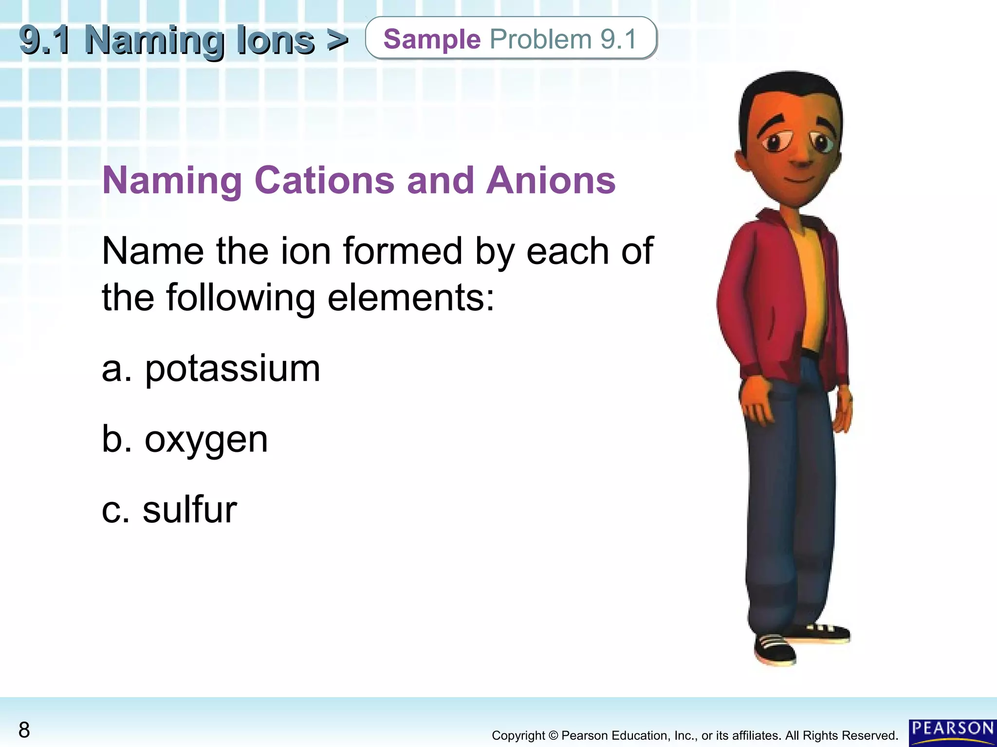 9.1 Naming Ions >

Sample Problem 9.1

Naming Cations and Anions
Name the ion formed by each of
the following elements:
a. potassium
b. oxygen
c. sulfur

8

Copyright © Pearson Education, Inc., or its affiliates. All Rights Reserved.

 