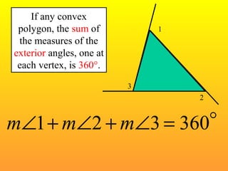 If any convex 
polygon, the sum of 
the measures of the 
exterior angles, one at 
each vertex, is 360°. 
1 
3 
2 
mÐ1+mÐ2 +mÐ3 = 360 
 