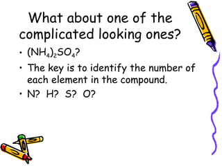 What about one of the complicated looking ones? (NH 4 ) 2 SO 4 ? The key is to identify the number of each element in the compound. N?  H?  S?  O? 