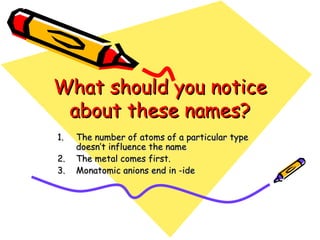 What should you notice about these names? The number of atoms of a particular type doesn’t influence the name The metal comes first. Monatomic anions end in -ide 
