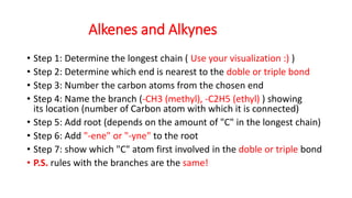 Alkenes and Alkynes
• Step 1: Determine the longest chain ( Use your visualization :) )
• Step 2: Determine which end is nearest to the doble or triple bond
• Step 3: Number the carbon atoms from the chosen end
• Step 4: Name the branch (-CH3 (methyl), -C2H5 (ethyl) ) showing
its location (number of Carbon atom with which it is connected)
• Step 5: Add root (depends on the amount of "C" in the longest chain)
• Step 6: Add "-ene" or "-yne" to the root
• Step 7: show which "C" atom first involved in the doble or triple bond
• P.S. rules with the branches are the same!
 