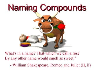 Naming Compounds




What's in a name? That which we call a rose
By any other name would smell as sweet."
   - William Shakespeare, Romeo and Juliet (II, ii)
 