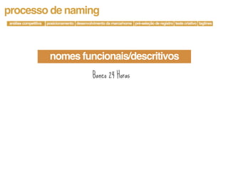 processo de naming
análise competitiva   posicionamento desenvolvimento da marca/nome pré-seleção de registro teste criativo taglines




                       nomes funcionais/descritivos
                                               Banco 24 Horas
 