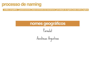 processo de naming
análise competitiva   posicionamento desenvolvimento da marca/nome pré-seleção de registro teste criativo taglines




                                    nomes geográficos
                                                     Parmalat

                                            Aerolíneas Argentinas
 