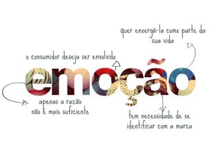 quer enxergá-la como parte da
                                               sua vida
o consumidor deseja ser envolvido



    apenas a razão
 não é mais suficiente                 tem necessidade de se
                                      identificar com a marca
 