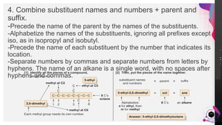 JensMartensson
4. Combine substituent names and numbers + parent and
suffix.
-Precede the name of the parent by the names of the substituents.
-Alphabetize the names of the substituents, ignoring all prefixes except
iso, as in isopropyl and isobutyl.
-Precede the name of each substituent by the number that indicates its
location.
-Separate numbers by commas and separate numbers from letters by
hyphens. The name of an alkane is a single word, with no spaces after
hyphens and commas.
19
 