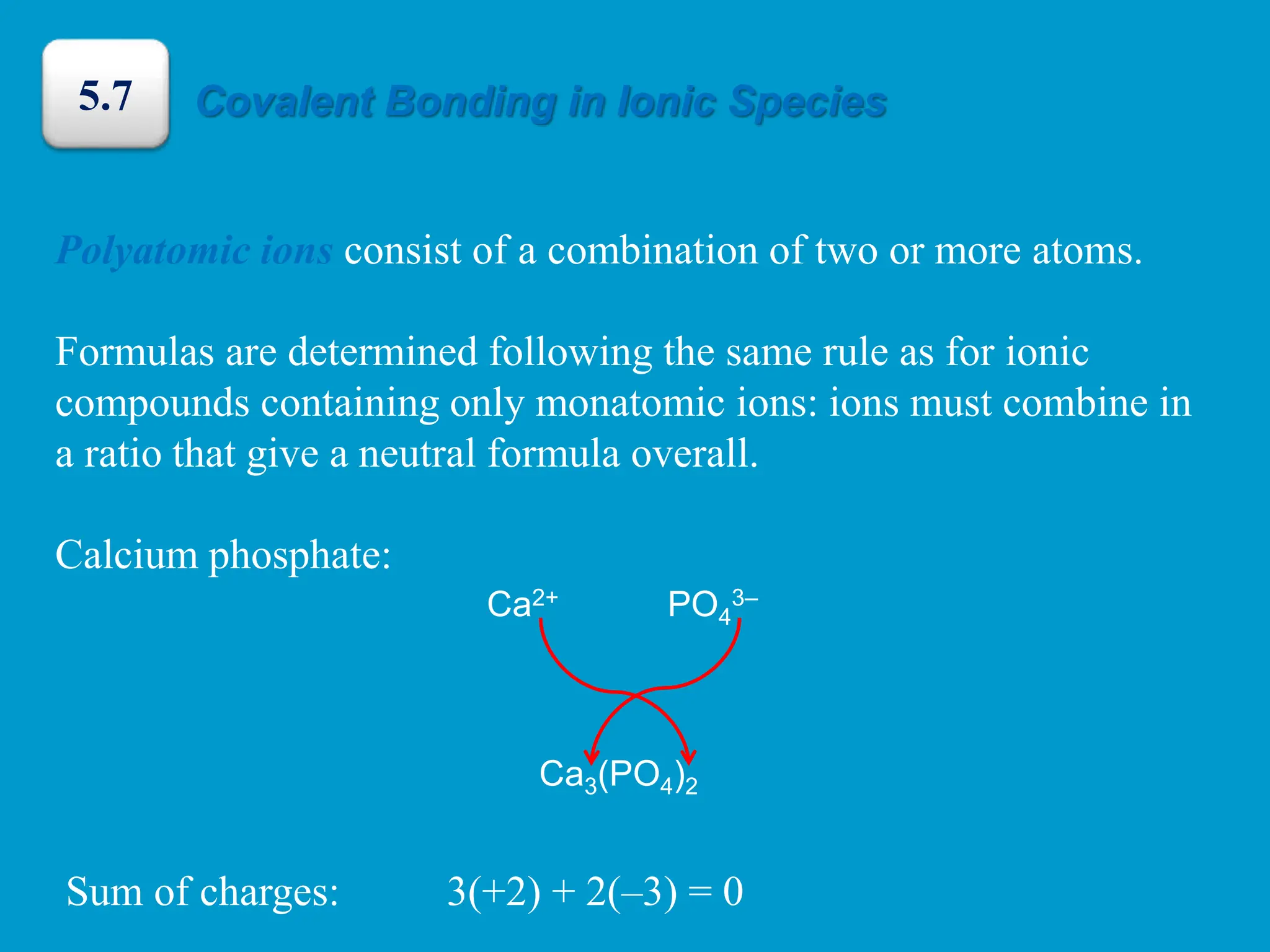 Polyatomic ions consist of a combination of two or more atoms.
Formulas are determined following the same rule as for ionic
compounds containing only monatomic ions: ions must combine in
a ratio that give a neutral formula overall.
Calcium phosphate:
Covalent Bonding in Ionic Species
5.7
Ca2+ PO4
3–
Ca3(PO4)2
Sum of charges: 3(+2) + 2(–3) = 0
 