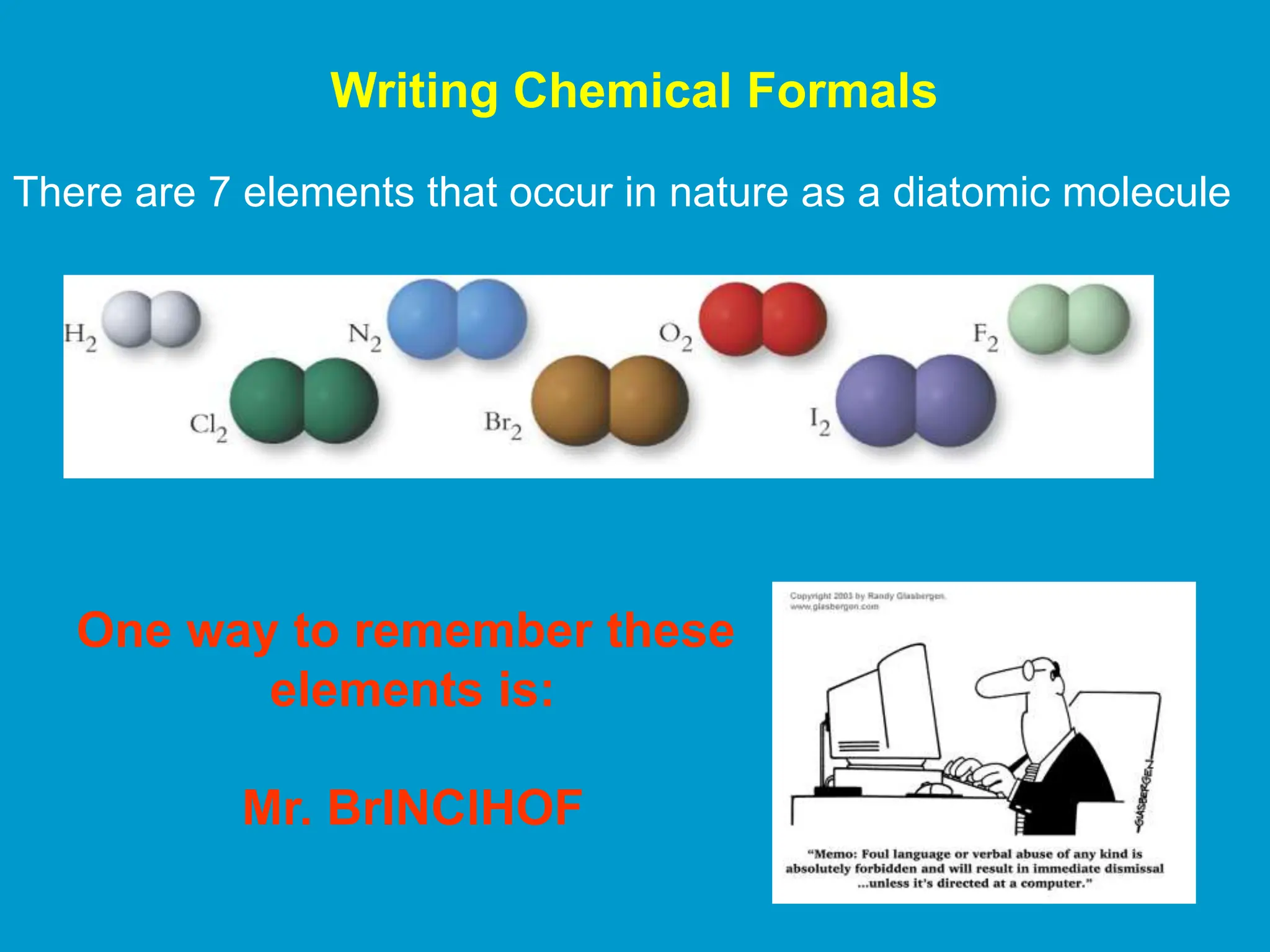 Writing Chemical Formals
One way to remember these
elements is:
Mr. BrINClHOF
There are 7 elements that occur in nature as a diatomic molecule
 